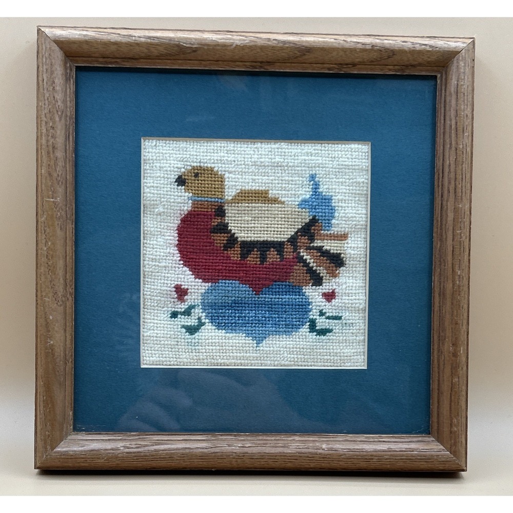 Vintage Cross Stitch Love Dove Bird 80s Teal Heart Framed Wood Wall Art 9"